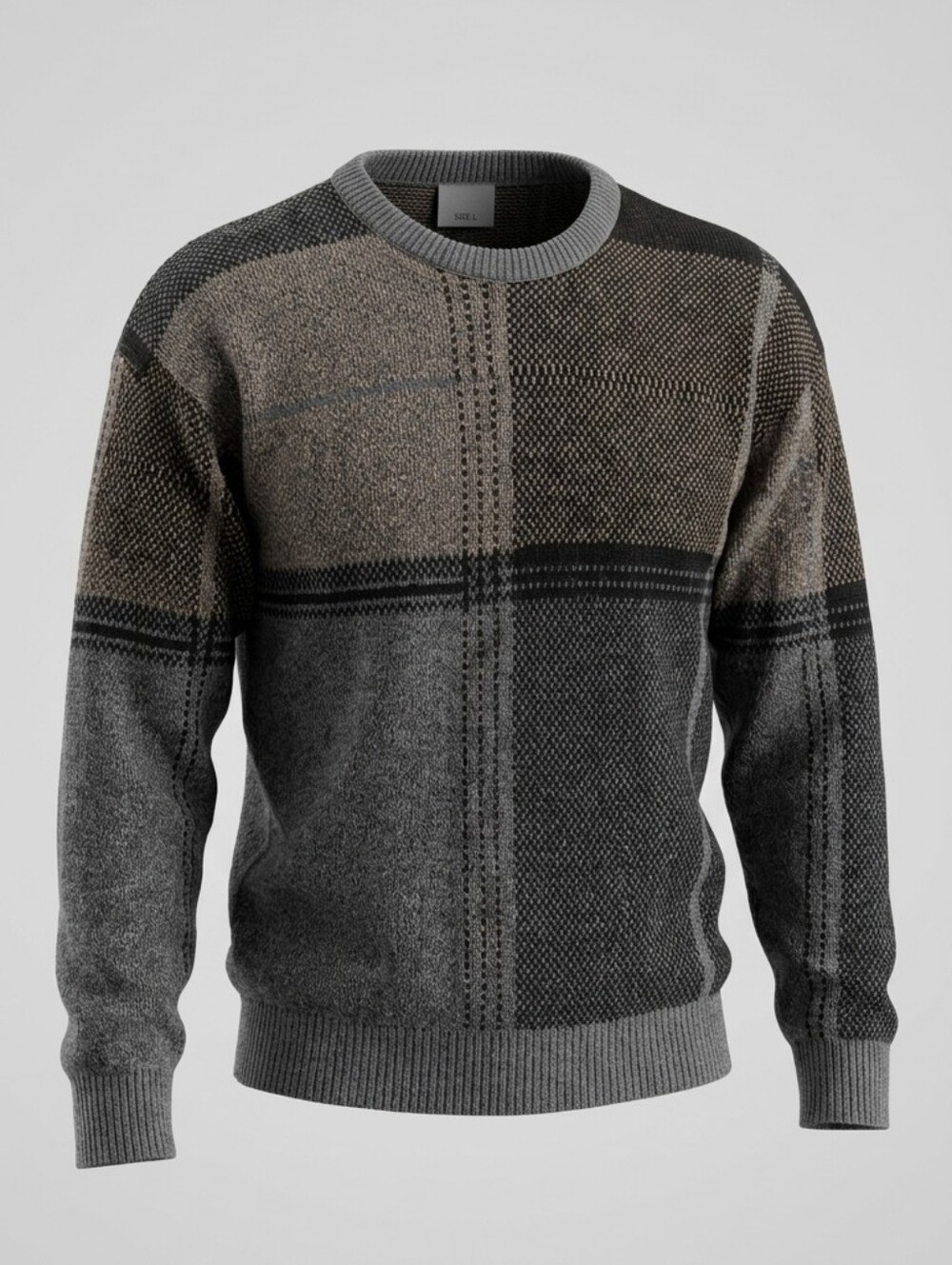 Vintage London Fog Grey Geometric Plaid Patchwork Crewneck Men's Wool Sweater L
